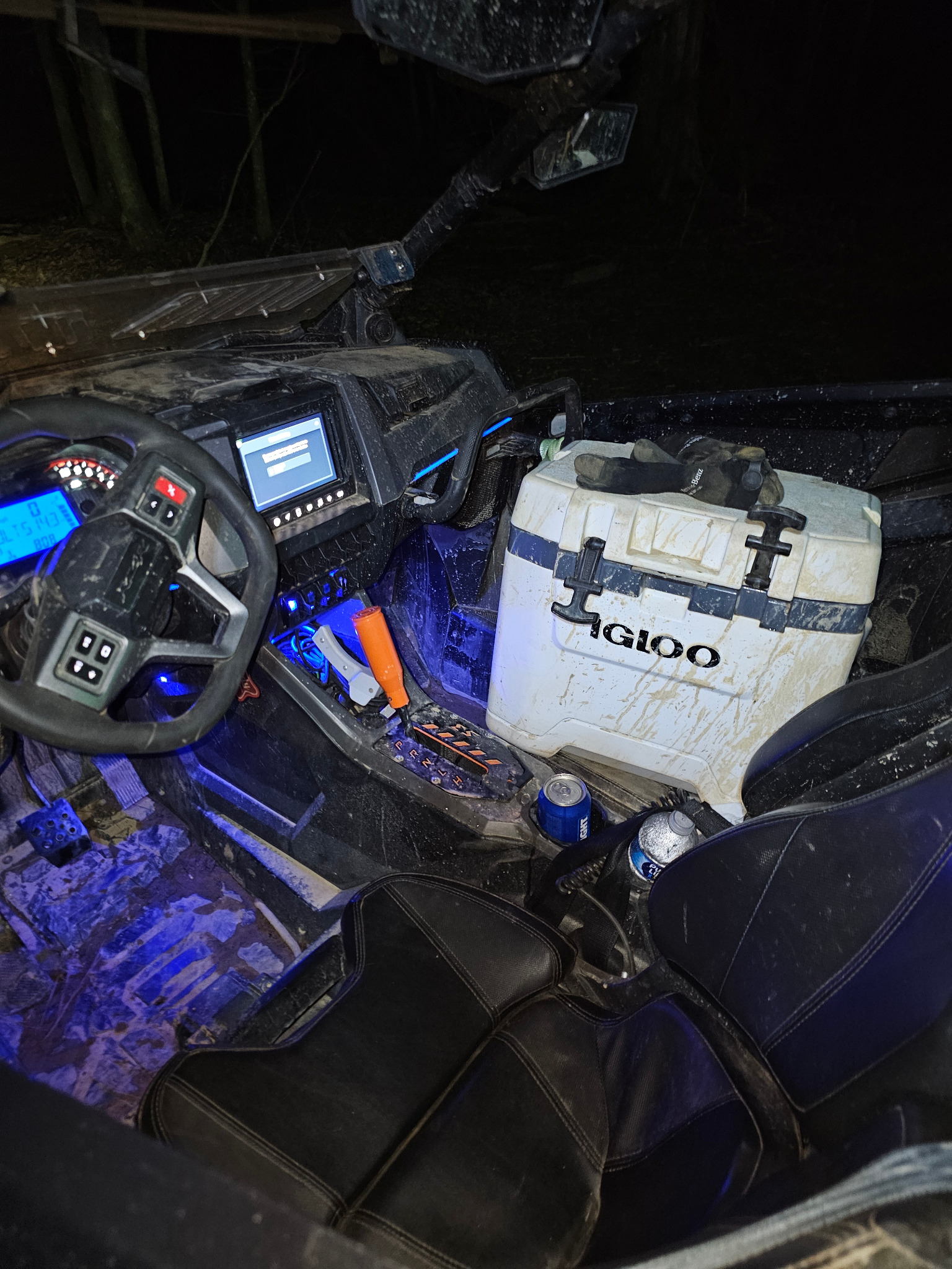 Night riding with lights in the woods